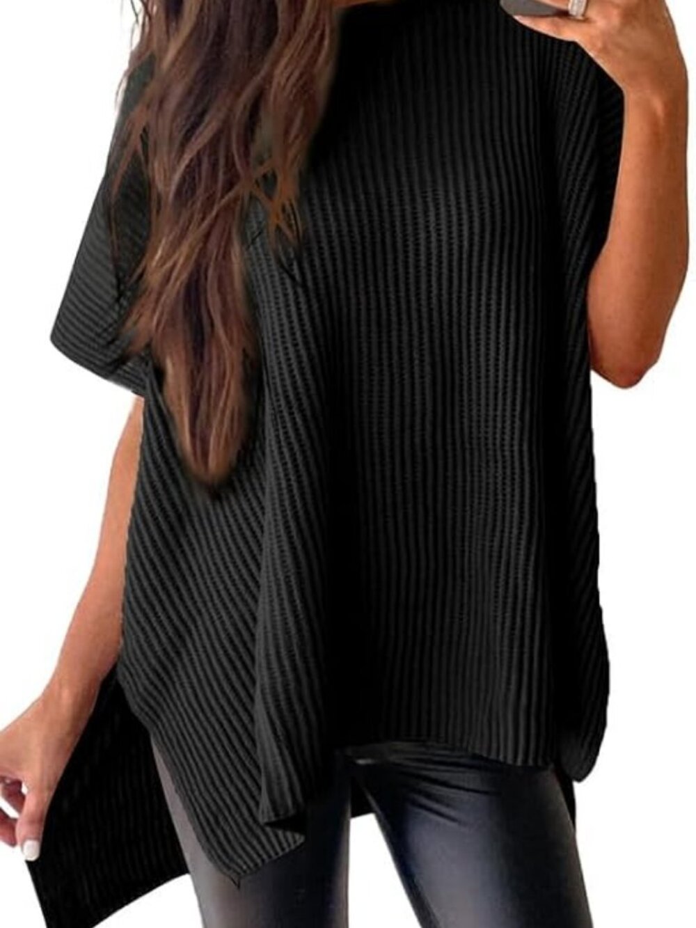 Women's Black Crewneck Short Sleeve Sweater Causal Tunic Lightweight Tops